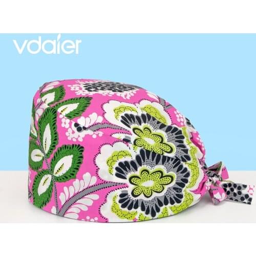 Flower Print Pharmacy Pet Shop Women Doctors Surgical Hat with Accessorie Nursing Scrub Cap Medical Uniform accessories