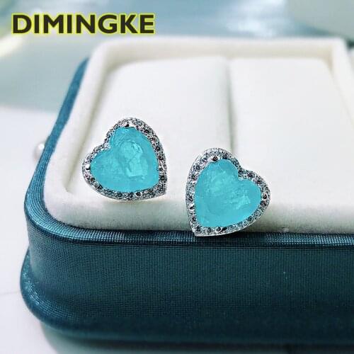DIMINGKE 7*7 Natural Paraiba Tourmaline Love Stud Earrings 100%-S925 Sterling Silver Woman Jewelry Party Lover Gift