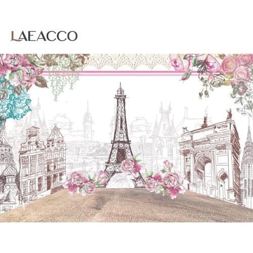 Laeacco Watercolor Flowers Eiffel Tower Ancient Building Painting Baby Customized Portrait Photography Backdrop Photocall