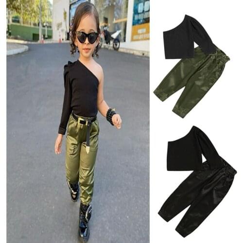 Hot Sale Kids Baby Girls Fashion 2Pcs Outfit Off Shoulder Long Sleeve Pullover Tops+Solid Color Elastic Waist Pants, 2-7Years