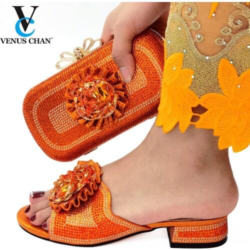 2021 Summer New Design Nigerian Ladies Shoes and Bag to Match High Quality Orange African Ladies Sheos Matching Bag for Wedding