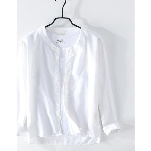2020 New Mens Long Sleeve Casual Shirts Men Slim Fit Solid White Collarless Cotton Linen Shirt Male Brand Clothing Y2331