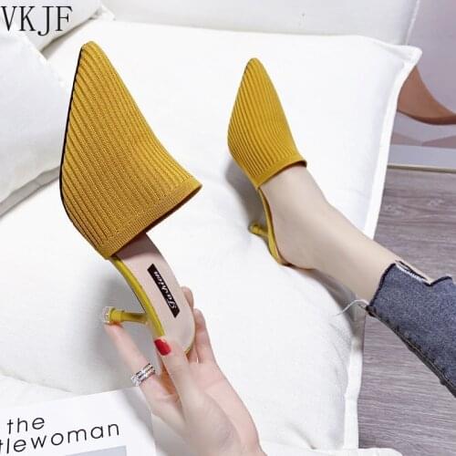 Knit Mesh Breathable High Heels Mules Slippers Women 2021 Summer Shoes Women Pointed Toe Thin Heels Fashion Party Ladies Shoes