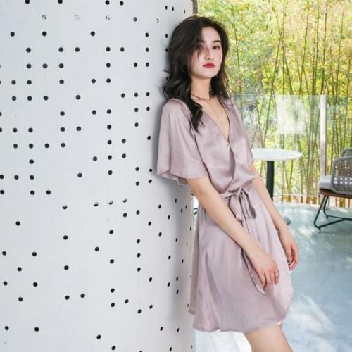 Summer Short-sleeved Night Gown Solid V-Neck Nightgowns Ice Silk Loose Robes Waist Pyjamas Sexy Night Dress Home Sleepwear