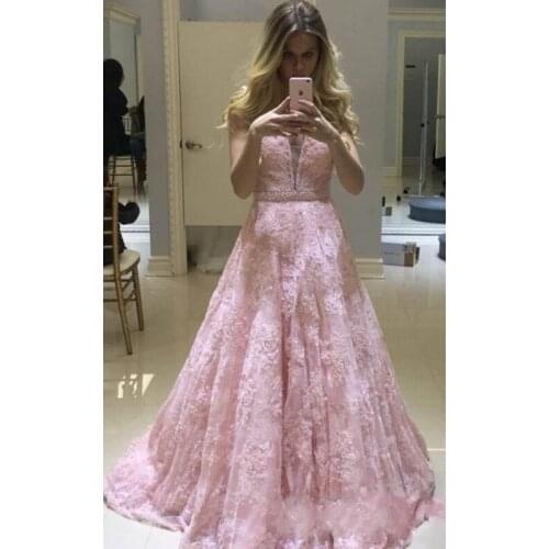 Latest V-neck Pink Lace Long Evening Dresses 2020 Appliques Beaded Long Floor-length Lace Formal Evening Gowns Prom Dresses