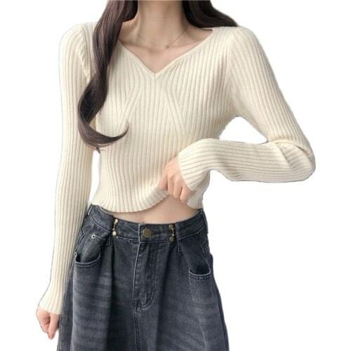 Autumn and Winter V Collar Collarbone Pit Strip Thin Long-sleeved Sweater Computer Knitted Full Sweaters for Women