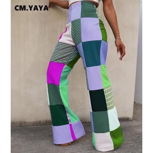 CM.YAYA Autumn Plaid Print Women Elastic Wide Leg Flare Pants Leggings High Waist Bellbottom Trousers Draped Jogger Sweatpants