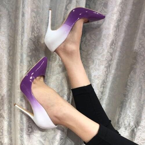 Sexy Gradient Color Stiletto Heel Dress Shoes Purple Blue White Patent Leather Pointed Toe Pumps Shallow Patchwork Party Shoes