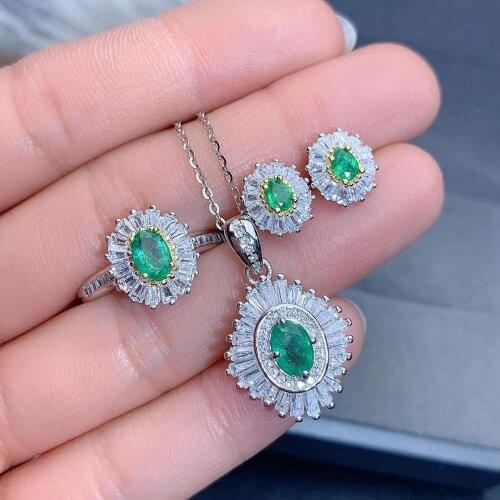 The Best Wedding Gift set Natural Real Emerald 925 sterling silver 1pc Emerald pendant,1pc Emerald ring,2pcs Emerald Earring