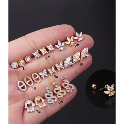 1Piece Zircon Snake Butterfly Fan Stud Earrings for Women 2021 Trend Jewelry 20G Stainless Steel Piercing Earrings for Teens