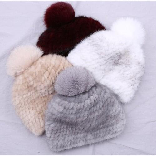 Real Girls mink fur hat women winter knitted fur hats beanies cap fox fur pom poms brand new thick female cap Elastic Soft warm