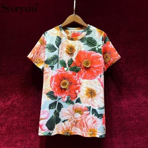 Svoryxiu Womens Summer Vintage Short Sleeve T Shirts Manual Beaded Red Camellia Flower Print Designer Tops Tees