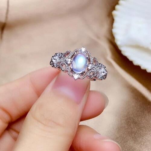 Natural blue moonstone gem Ring Natural gemstone ring S925 silver Elegant Retro-hollowing out women girl gift party fine Jewelry