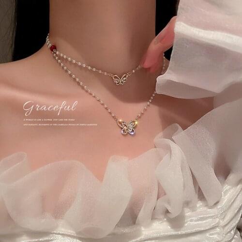 Zircon Butterfly Pendants Necklace for Women Korean Style Fashion Pearl Beads Short Necklace Trendy Party Boho Jewelry
