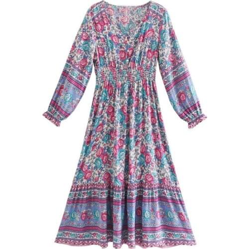 Bosmian Red Flower Print Dresses for Women Waist V-neck Ruffled Long Dress Holiday Beach Dress Buttons Shirring Bodycon Dress