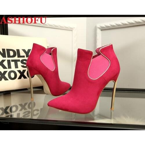 ASHIOFU 2020 Handmade New Womens High Heels Boots Faux-suede Plating Heel Ankle Boots Pointed-toe Evening Fashion Autumn Booties