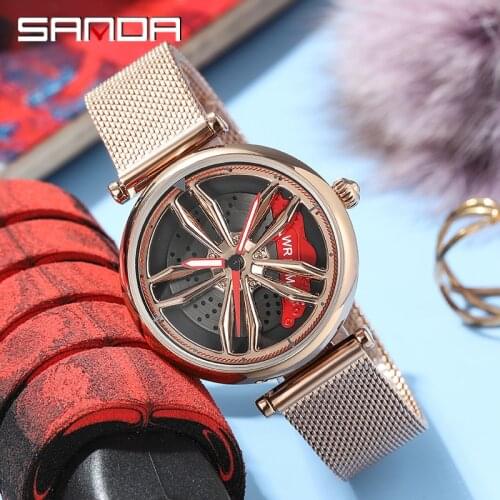 SANDA Car Wheel Dial Watch Men Women Steel Mesh Strap Creative Ladies Watch Luxury Top Brand Clock Military Sport Dress Reloj