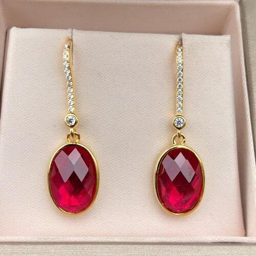 18K Gold color Vintage oval 7*11 Ruby Gemstone dangle drop earrings for women 925 sterling silver Anniversary Christmas gift