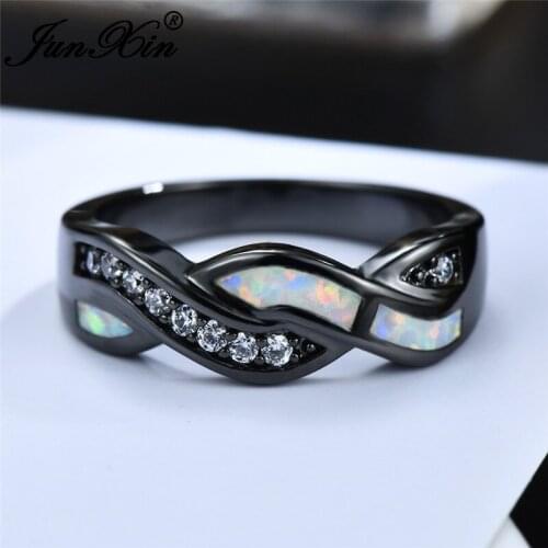 JUNXIN Male Female Blue/White Fire Opal Rings For Women Men White Gold Black Gold Filled Wave Cross Ring Zircon Wedding Jewelry