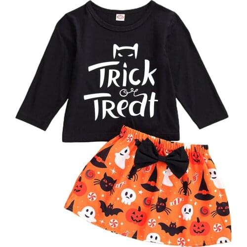 2Pcs Fashionable Infatn Kids Girls Halloween Outfit Spring Autumn Sweet Style Long Sleeve Letter Top + Pumpkin Cat Bat Skirt Set