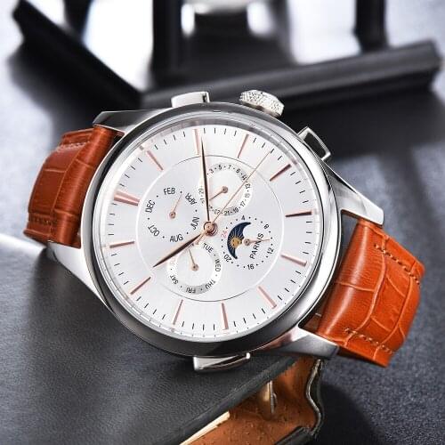 Parnis 44mm White Dial Automatic Mechanical Mens Watch Date indicator week display Moon Phase Multifunction Wristwatch Men