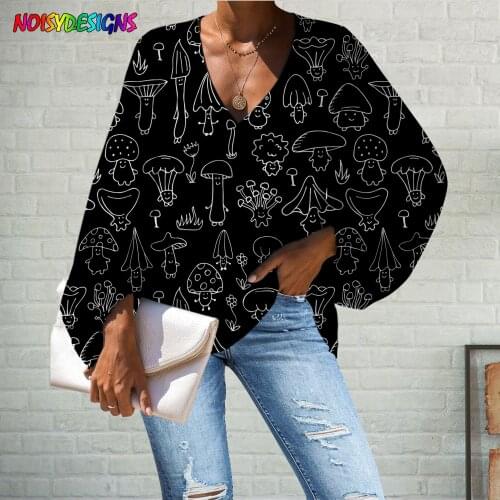 NOISYDESIGNS Black Tshirt Women Loose Long Sleeve V-neck Tops T Shirt Femme Mushroom Prints T Shirt For Women Roupas Femininas