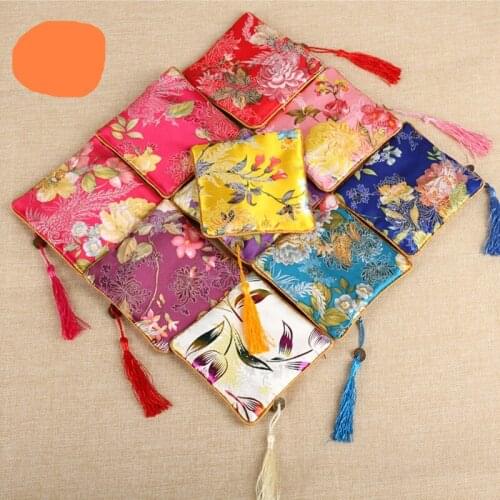 Wholesale 10PCS Double-layered lined printed square square brocade kit jewellery bag embroidered zipper Buddha bag 11X11CM