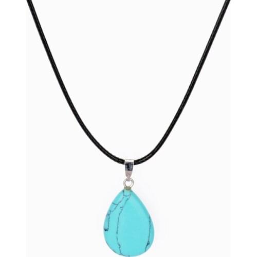 New Blue Water Drop Natural Stone Quartz Pendant Necklace Women Men Choker Gifts Leather Chain Charm Jewelry Necklaces