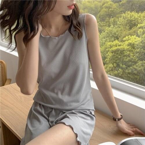 Pajama Sets Women Solid Color Simple Sleepwear Korean Style Sleeveless Two-piece Leisure Sweet Home Round Neck Summer Nightwear