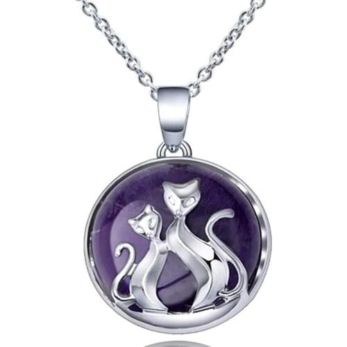 Silver Plated Lovely Cat Amethysts Stone Pendant Link Chain Necklace Green Aventurine for Couple Jewelry