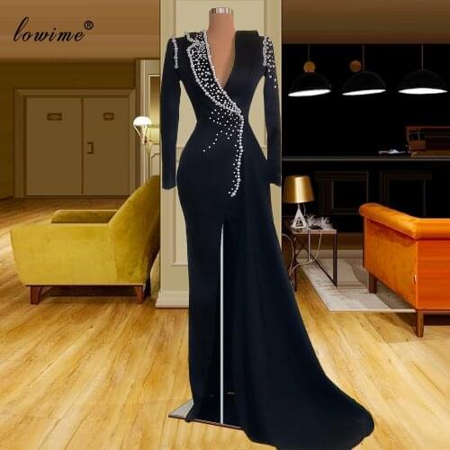 Plus Size Black Formal Evening Dresses With Pearls Vintage Long Sleeves Wedding Party Dresses For Women Turkish Couture Vestidos