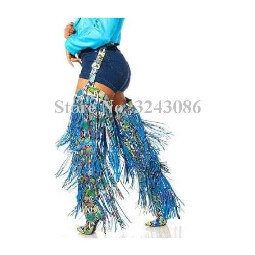 Sexy Snakeskin Leather Tassel Pant Waist Long Boots Women Fashion Blue Fringe Thigh High Boots Lady New Real Photos Knee Boots