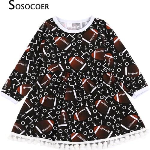SOSOCOER Kids Baby Girls Rugby Printed Long-sleeved Dress Princess Tassel Party Children Dresses Outfits Girl Clothes 24M-6T