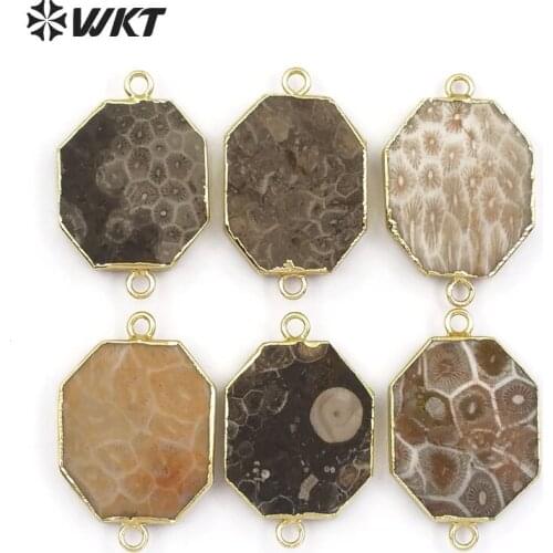 WT-C261 WKT Exclusive! wholesale natural chrysanthemum stone connectors with gold metal plated double hooks octagon jewelry