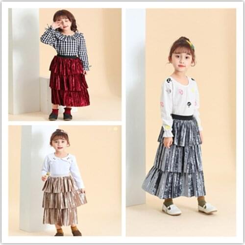 2-9 Years Kids Skirts Spring Autumn Gold Velvet High Quality Skirt For Girls Fashion Cake Pleated Skirt Baby Children Skirts New