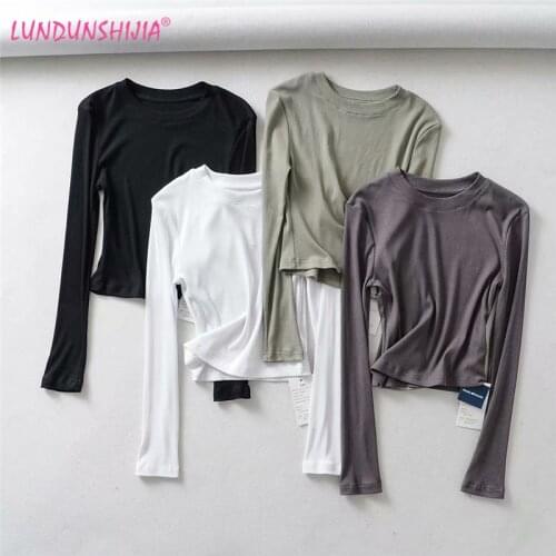 LUNDUNSHIJIA 2020 New Spring Summer Sexy Women O-neck Long-sleeve T-shirt Slim Elastic Cotton Crop Tops