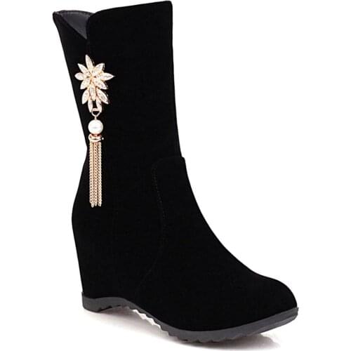 Pearl Metal Fringed Wedge Heel With Increased Gold Velvet Mid-Calf Boots Frosted Fabric Platform Flat Red Womens Shoes