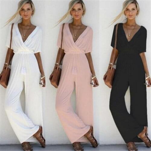 New Women V Neck Loose Playsuit Party Ladies Romper Short Sleeve Long Jumpsuit