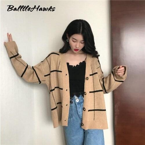 Plaid Oversized Knitted Cardigan Sweater Women 2021 Brown V Neck Long Sleeve Casual Autumn Winter Jumper Sweaters Fashion