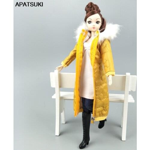 Yellow Winter Long Coat for Barbie Doll Dress Clothes Parka For 1/6 BJD Doll Winter Wear Jacket 1:6 Dolls Accessories Kids Toy
