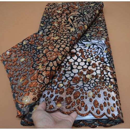 5yards/pc) Newest brown gold African net lace glittering glued velvet tulle lace fabric for charming party dress FLP284