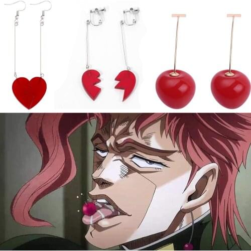 Anime JoJos Bizarre Adventure Earrings Heart Drop Long earrings Kakyoin Noriaki Cherry Earring Cosplay Stud Ear Clip Jewelry