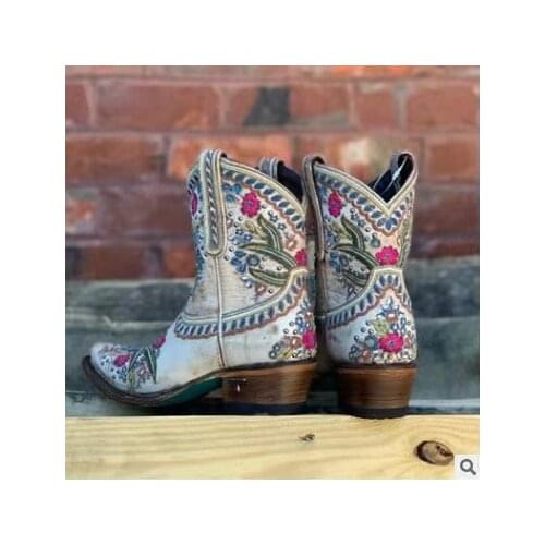 Flower Embriodery Cow Boy Boots for Women Ankle Shoes Thick Heel Short Boots 2021 Spring New Female West Boots
