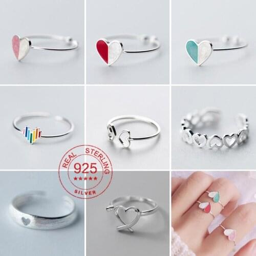 Romantic 925 Silver Geometric Love Heart Open Rings for Women Girl Star Arrow Feather Leaf Bead Wave Wedding Ring Jewelry Gift