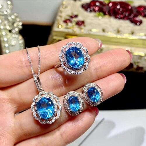 Natural blue topaz ring Pendant Earrings Natural Gemstone Jewelry Set S925 Silver fashion round Flower Women party gift jewelry