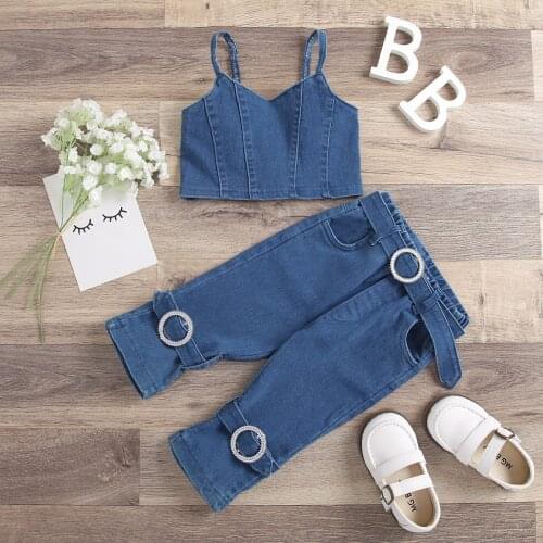 Fashion Children 2pcs Kids Baby Girls Outfits Summer Denim Off Shoulder Cropped Tops+Belt Long Pants Sets Casual Clothing