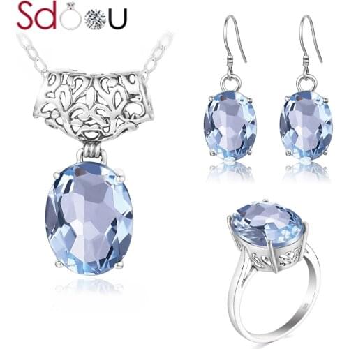 SDOOU Bridal Jewelry Set Trendy Romantic Blue Aquamarine Oval Gemstone Ring Earring Pendant Korean Fashion Jewelry For Women New