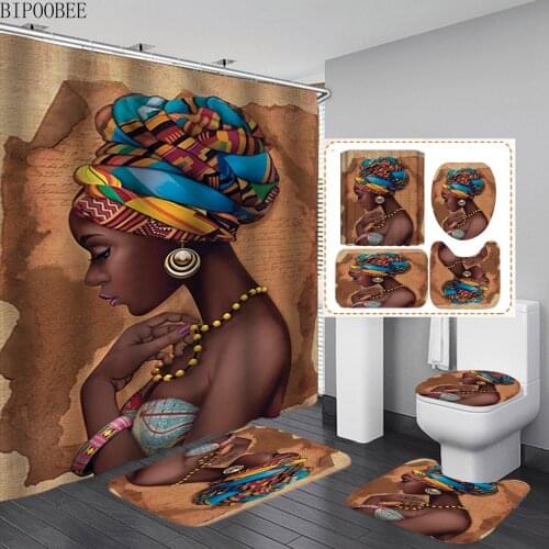 Beautiful African Woman Bathroom Shower Curtains Set Toilet Cover Mat Non Slip Rug Home Decor Fabric Bath Curtain with Hooks
