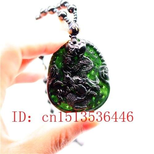 Chinese Black Green Jade Dragon Pendant Natural Hand Carving Necklace Fashion Amulet Luck Gifts Men Sweater Chain