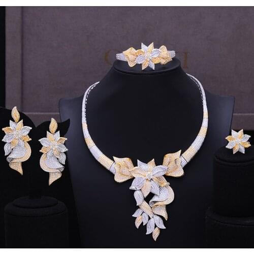 LARRAURI 2020 New 4PCS Luxury Party Flower Nigerian Jewelry Set For Women Wedding Zircon Indian African Bridal Jewelry Sets